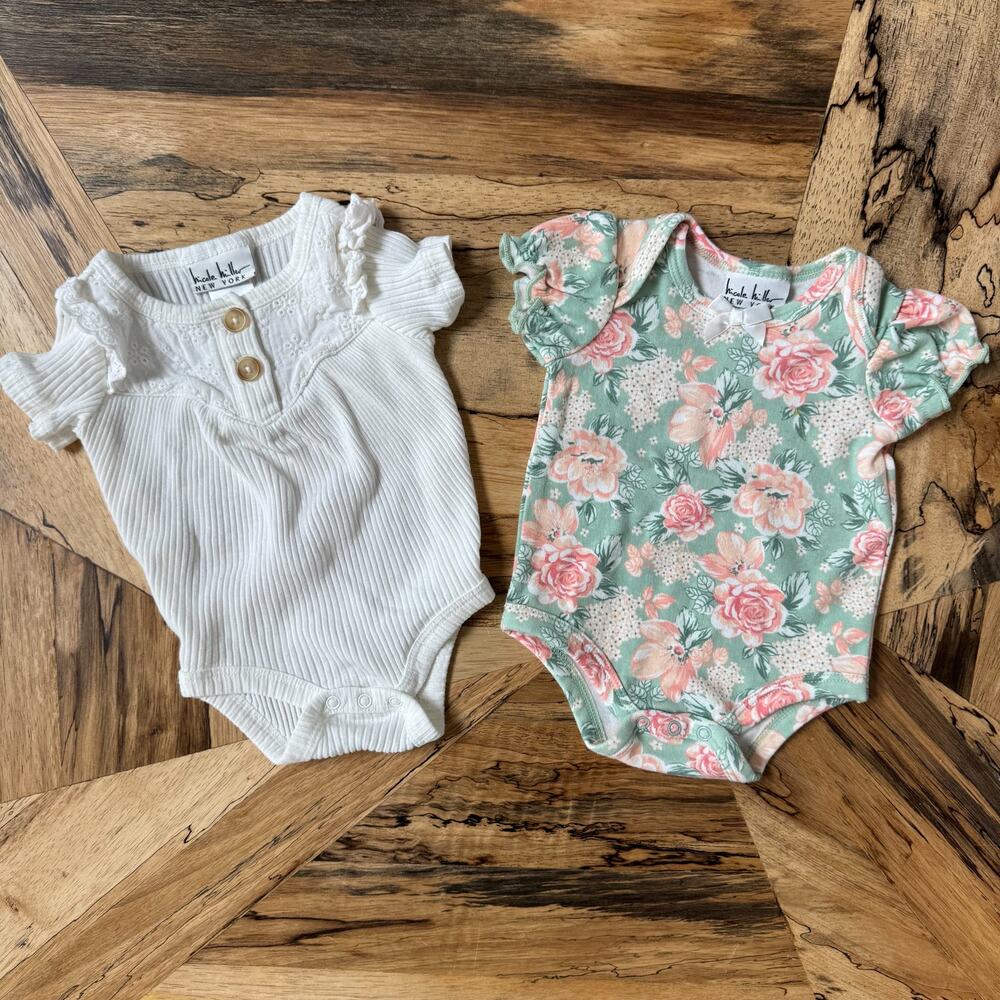 Nicole Miller New York Baby Girl Bodysuit Bundle of 2, Ribbed & Floral Size 0/3M